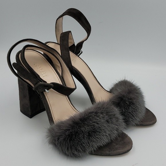 Barneys New York  block heel ankle strap mink fur heels Sz 37.5 Dark Grey - Picture 2 of 9